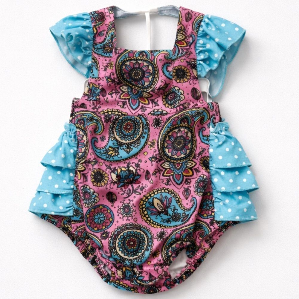 Marie Nicole pink and blue paisley and polkadot halter bubble romper ruffles